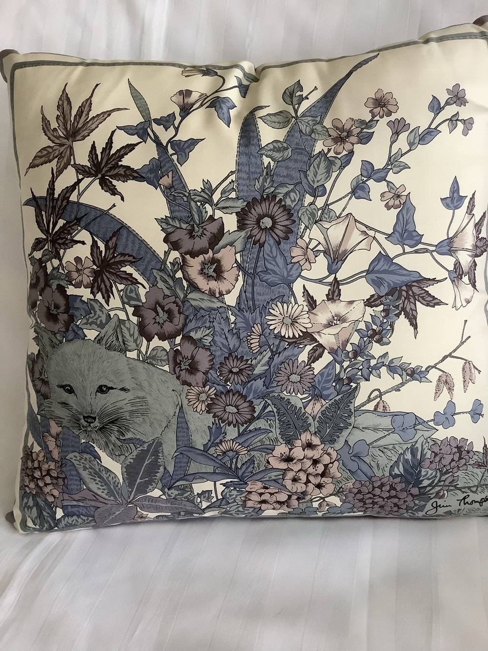 Jim Thompson 100% Thai Silk Cushion Cover with Insert - Fox and Flowers